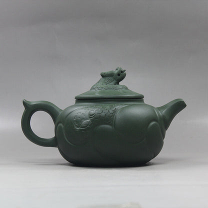 6.6” Collect Chinese Yixing Zisha Pottery Green Clay Handmade Fish Dragon Teapot