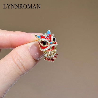 Chinese Lion Dance Enamel Stud Earrings Zircon Accents