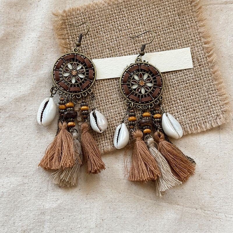 Bohemian Tassel Earrings - Shell Accent Maillard Tone Dangle Drops