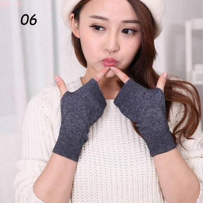 Women Winter Gloves Cashmere Knitted Cotton Fingerless Warm Stretch Half Mittens