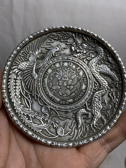 Rare one piece collect tibet silver copper handcarved dragon Phoenix plate