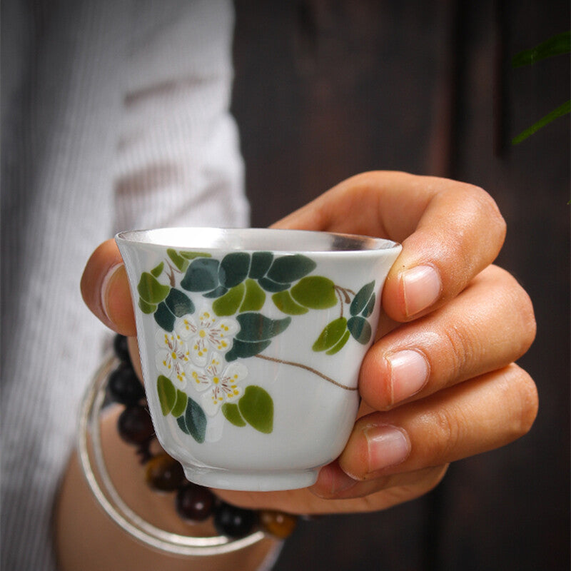 Health Care Pure Silver Tea Set Porcelain Flower Relief Honeysuckle Gaiwan Cups