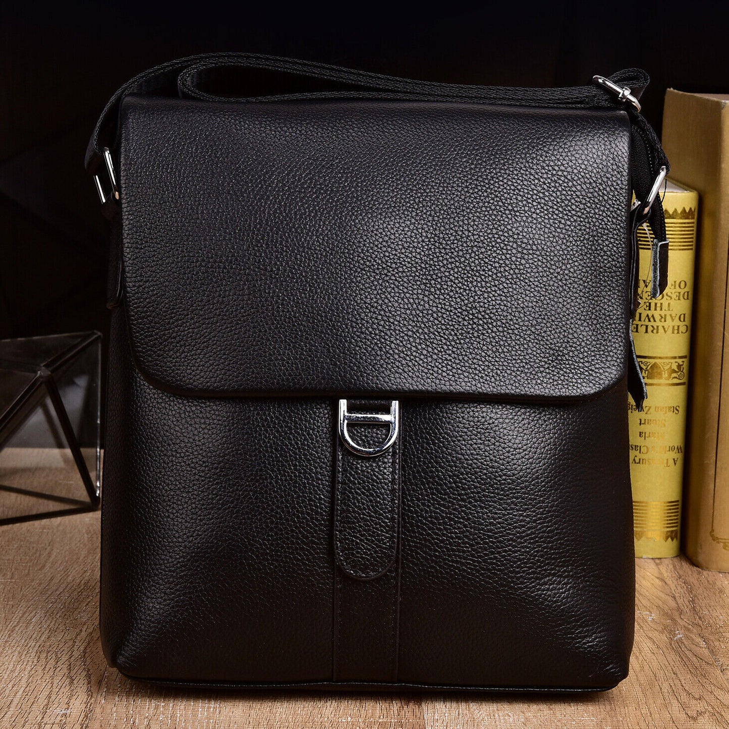 100% Genuine Leather Men's 10" Business Bags Black Sling Shoulder Messenger Bag