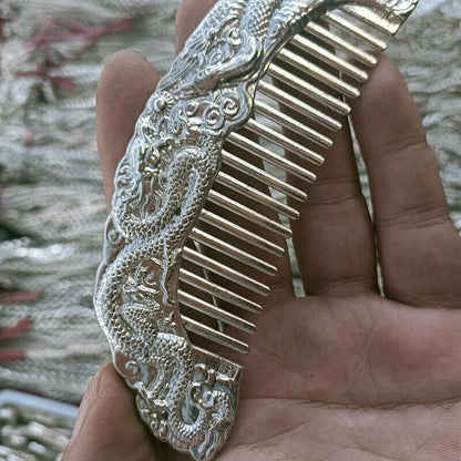 Exquisite Old Chinese tibet silver handmade Dragon phoenix comb statue 90145