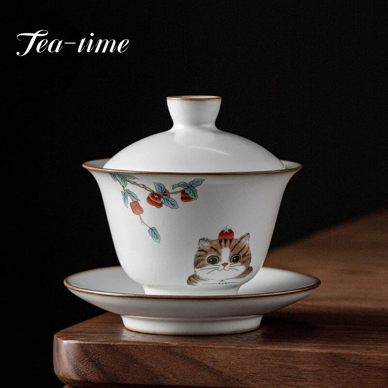 170ml Chinese Ru Kiln Ceramic Gaiwan Cute Cat Pattern Tea Tureen Teacup Tea Bowl