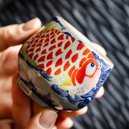 120ml Chinese Blue and White Ceramic Handpainted Koi Fish Tea Cup Master Cup