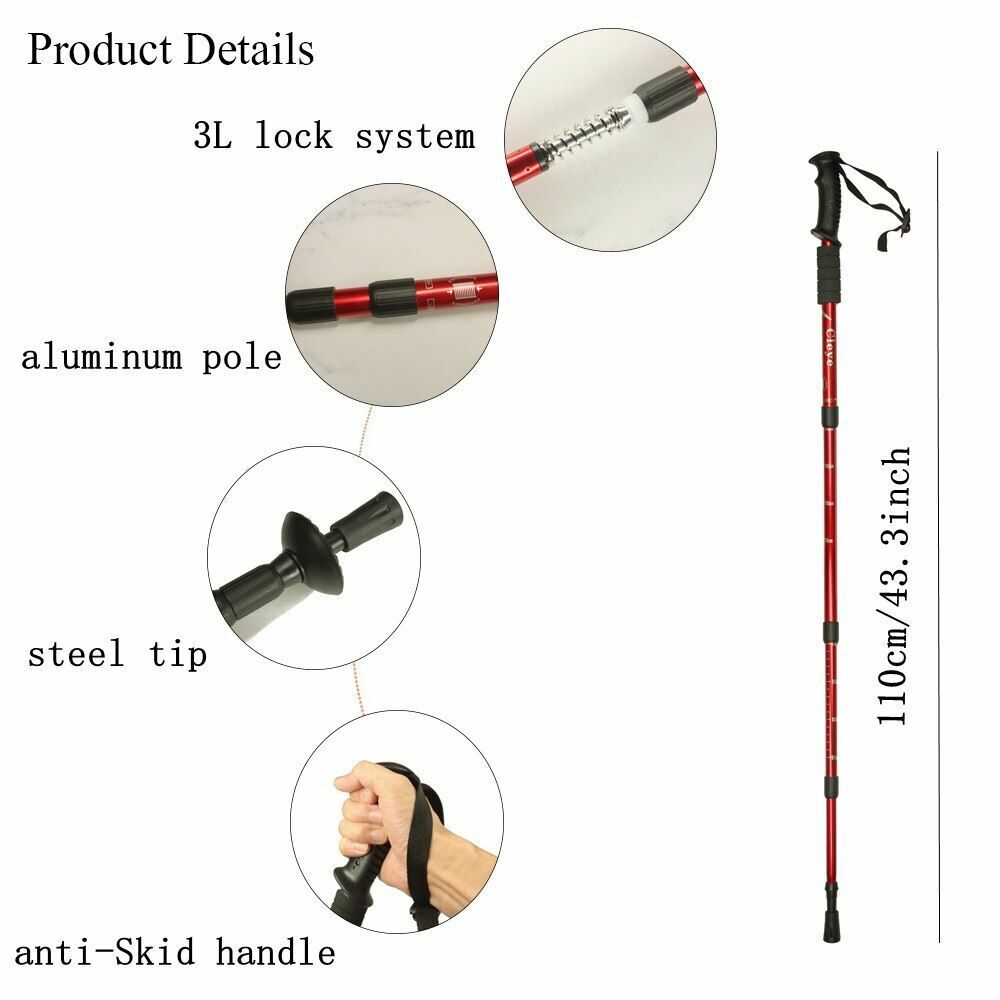 Outdoor Hiking Walking Sticks Telescopic Trekking Climbing Poles Cane Rubber Tip