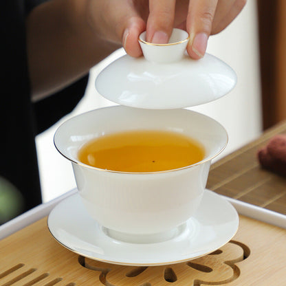 Dehua Poreclain Gaiwan Solid Color White China Tureen Covered Bowl Saucer Lid