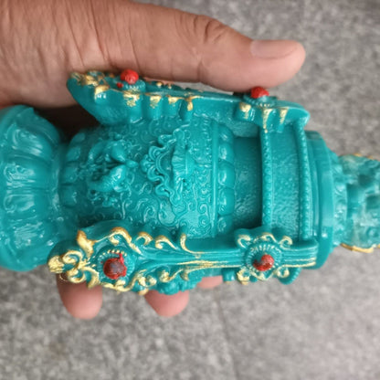 Tibetan Turquoise Treasure Vase Eight Auspicious Desk Statue Altar Decor