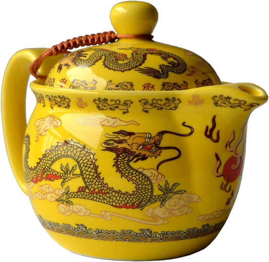 Chinese Yellow Porcelain Teapot Dragons Stainless Mash Infuser Kitchen Decor