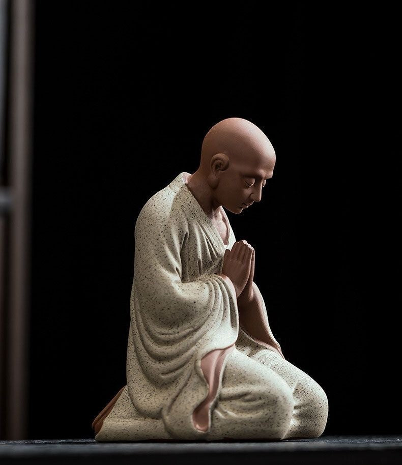 Chinese Zi Sha Clay Praying Monk Statue Kneeling Buddhist Figure Zen Collection