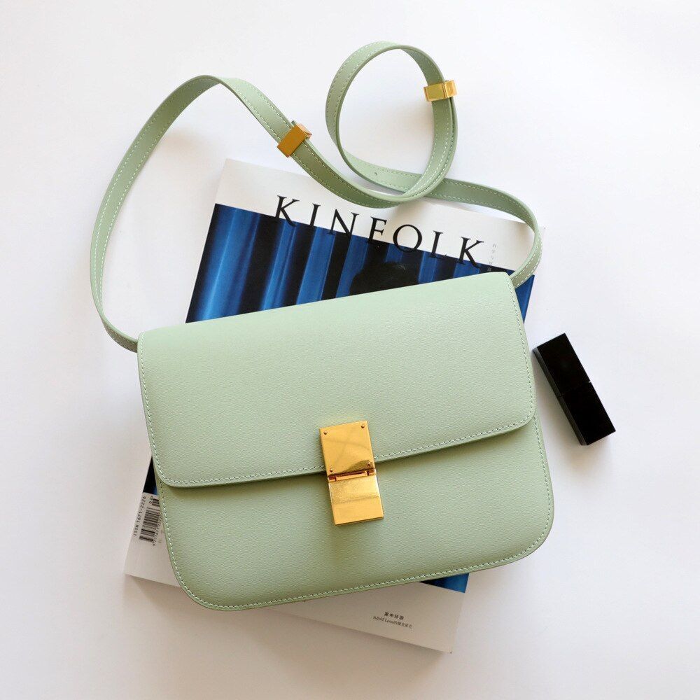 Classic Genuine Cow Leather Flap Crossbody Bag Box Shoulder Purse Flap Green Red
