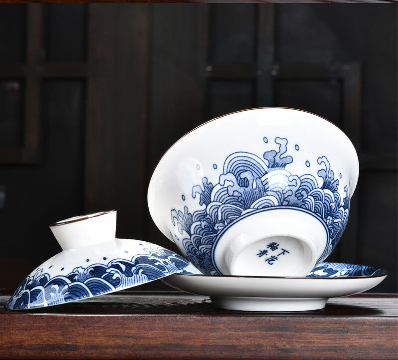 140ml Antique Blue White Porcelain Gaiwan Tureen Kung Fu Tea Cup Bowl Tea Set