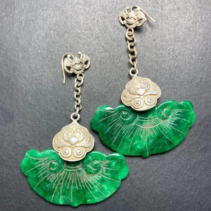 Pair of Old Emerald Tibetan Silver Fan Earrings - Ancient Jade Antique Jewelry