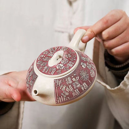 Marked Tea Pot 9 Infuser Holes Color Changed Hand Carved Yixing Zisha White Clay