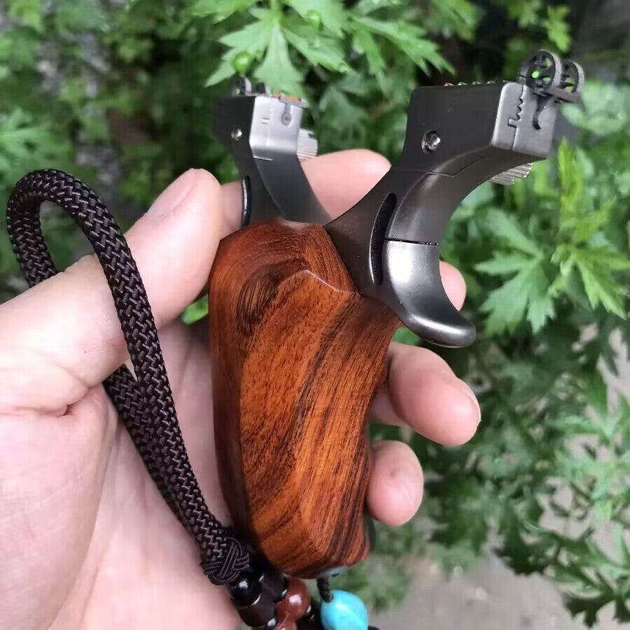 New Titanium Alloy Slingshot Redwood Handle Hunting Flat Rubber Band Catapult