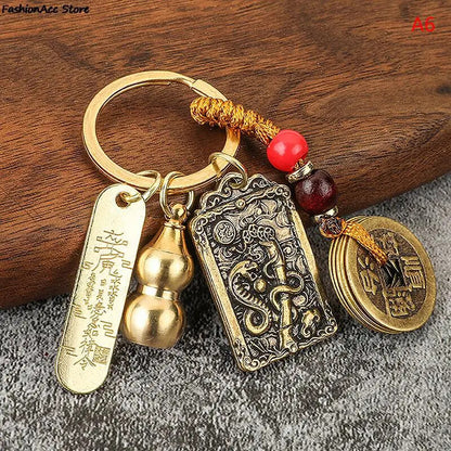 Chinese Style Zodiac Brass Gourd Five Emperors Money Keychain Metal Fengshui