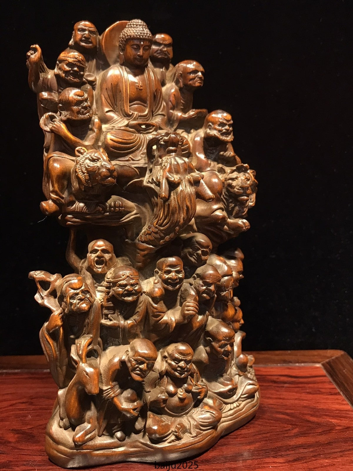 6.1"Chinese Box-wood Carving Buddhism 18 Arhat Shakyamuni Amitabha Buddha Statue