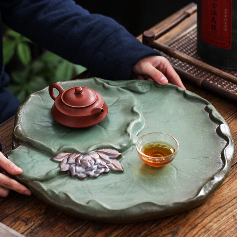 New Handmade Carved Lotus Reservoir Tea Tray Pottery Heavy Tea Table For Tea Set