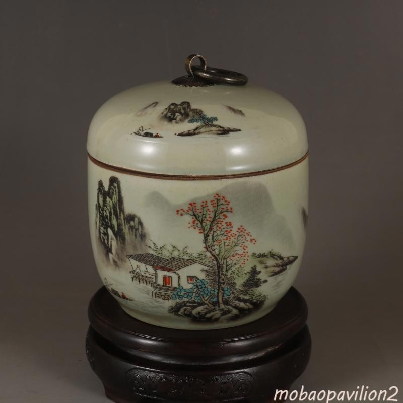 4.72 in Chinese Famille Rose Porcelain Jar Landscape Pattern Pot Tea Caddy New