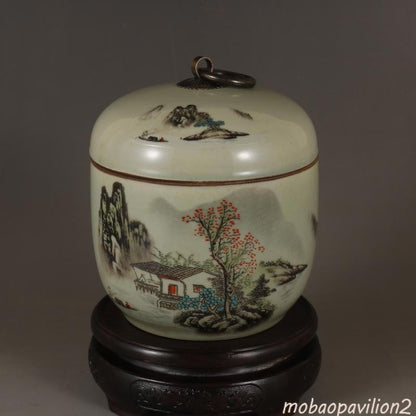 4.72 in Chinese Famille Rose Porcelain Jar Landscape Pattern Pot Tea Caddy New