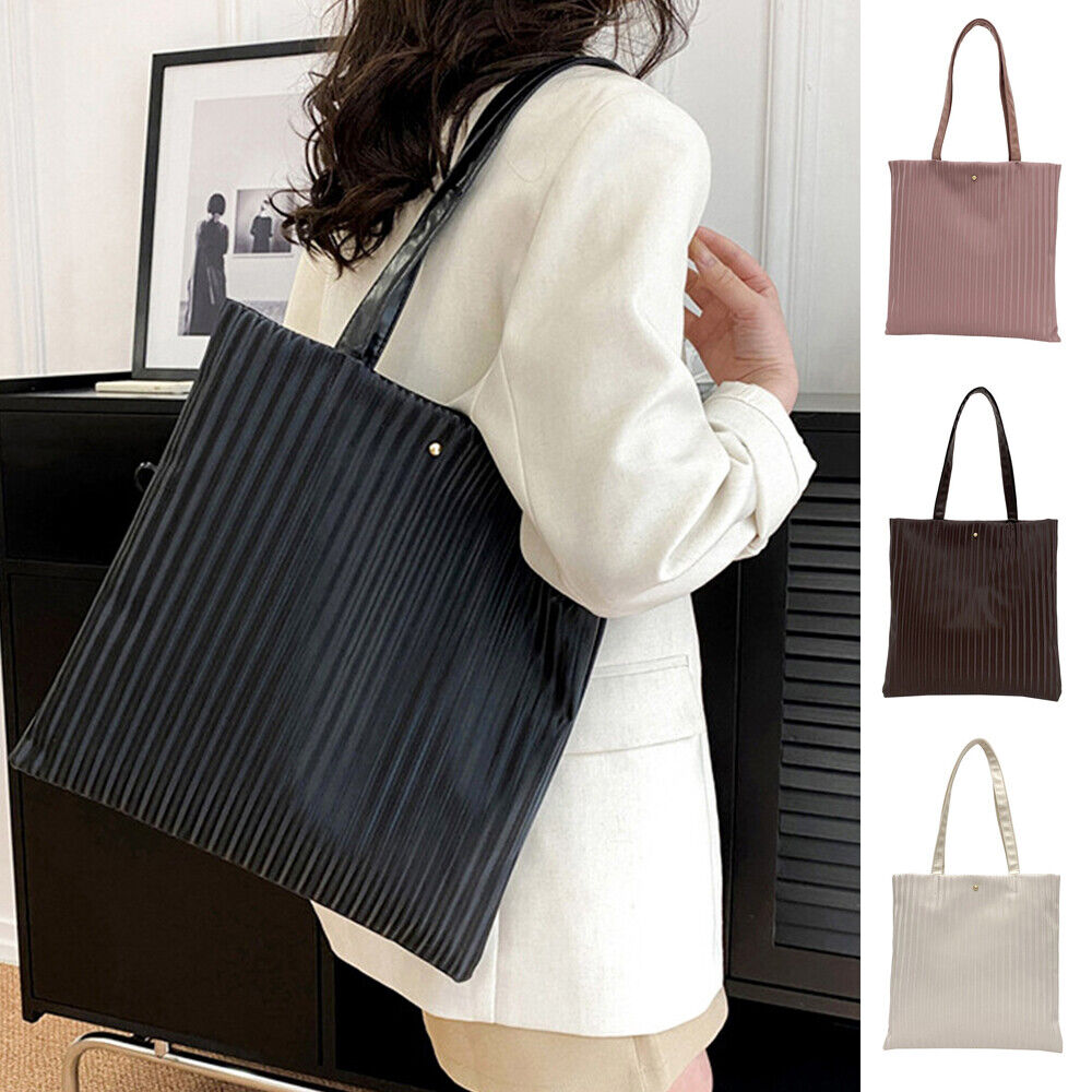 PU Leather Underarm Shoulder Bag Tote Bag Solid Color Striped Bucket Bag*