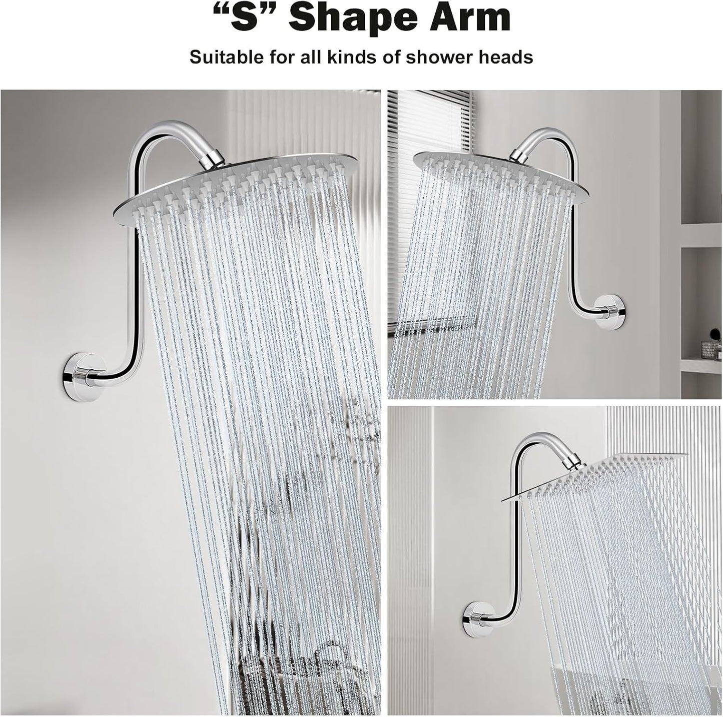 S Shaped Shower Head Riser Arm, Shower Extender Arm with Flange, Standard 1/2" C