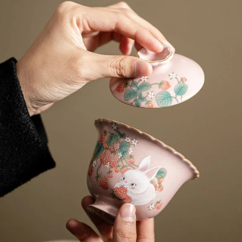 Ru Yao Porcelain Gaiwan Set for Tea Tureen Cup Chinese Pink Ceramic Tea Ceramony