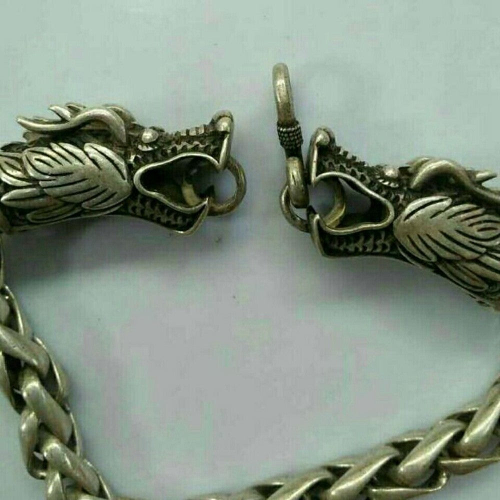 Old Chinese tibet silver carving dragon head Bracelet