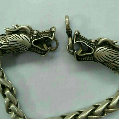 Old Chinese tibet silver carving dragon head Bracelet