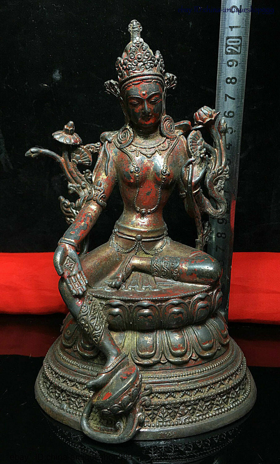 Old Dynasty China Buddhism Tibet Temple Bronze Green Tara Kwan-Yin Buddha Statue