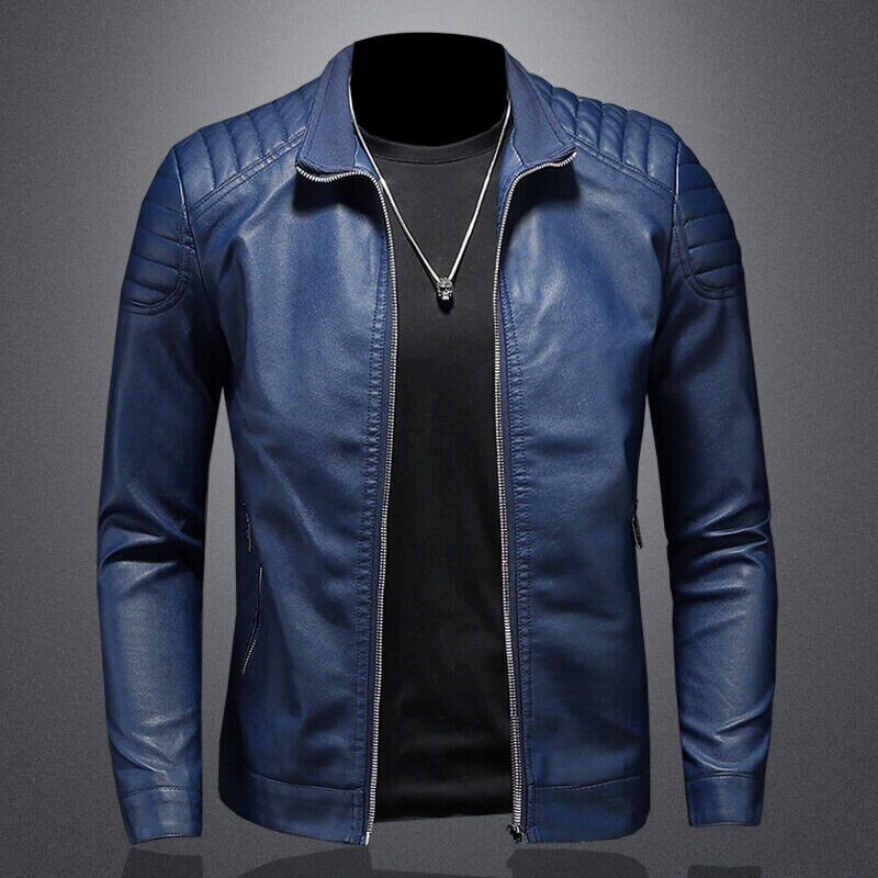 Pu Jacket Men Jacket Male Stand Collar Windbreaker Mens Clothing Black Blue