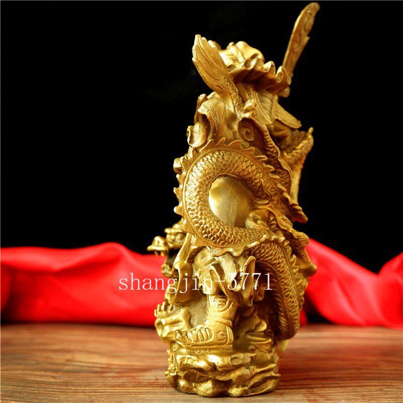 Bronze Brass Guangong Guan Gong Yu Warrior God on Dragon Wealth Statue