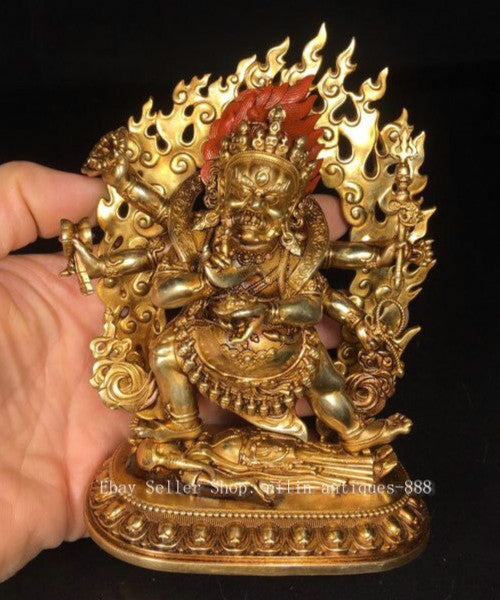4.9" Old Tibet Buddhism Bronze Gilt 6 Arms Mahakala Wrathful Deity Buddha Statue