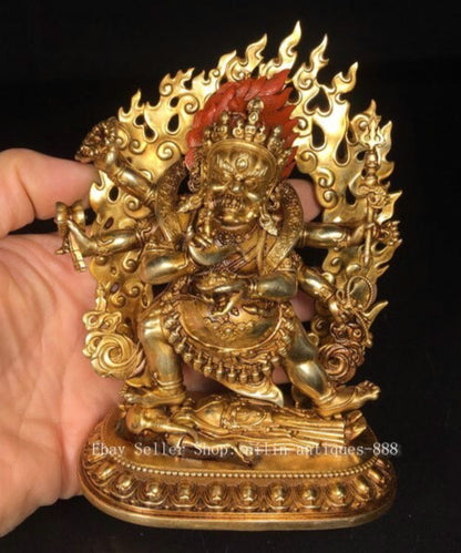 4.9" Old Tibet Buddhism Bronze Gilt 6 Arms Mahakala Wrathful Deity Buddha Statue