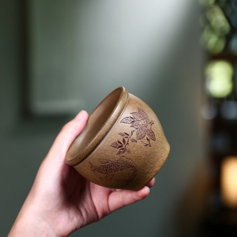 Full Handmade Teacup Fish Carved Chinese Real Yixing Zisha Clay Marked Cup 220ml