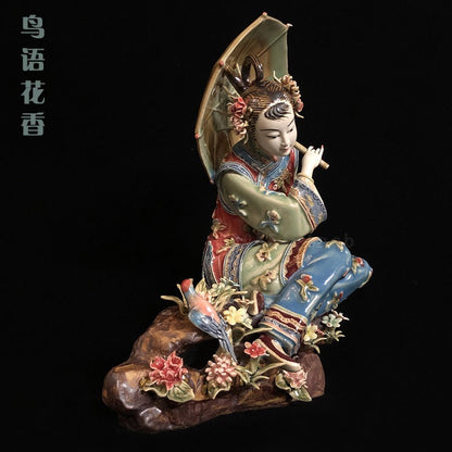 11" Chinese Wucai Porcelain Pottery Oriental Belle Girl Lady Play Bird Flower S2