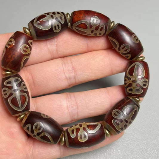 Tibetan Vajra Dzi Bead Bracelet Vintage Agate Unisex Buddhist Jewelry 22x12mm