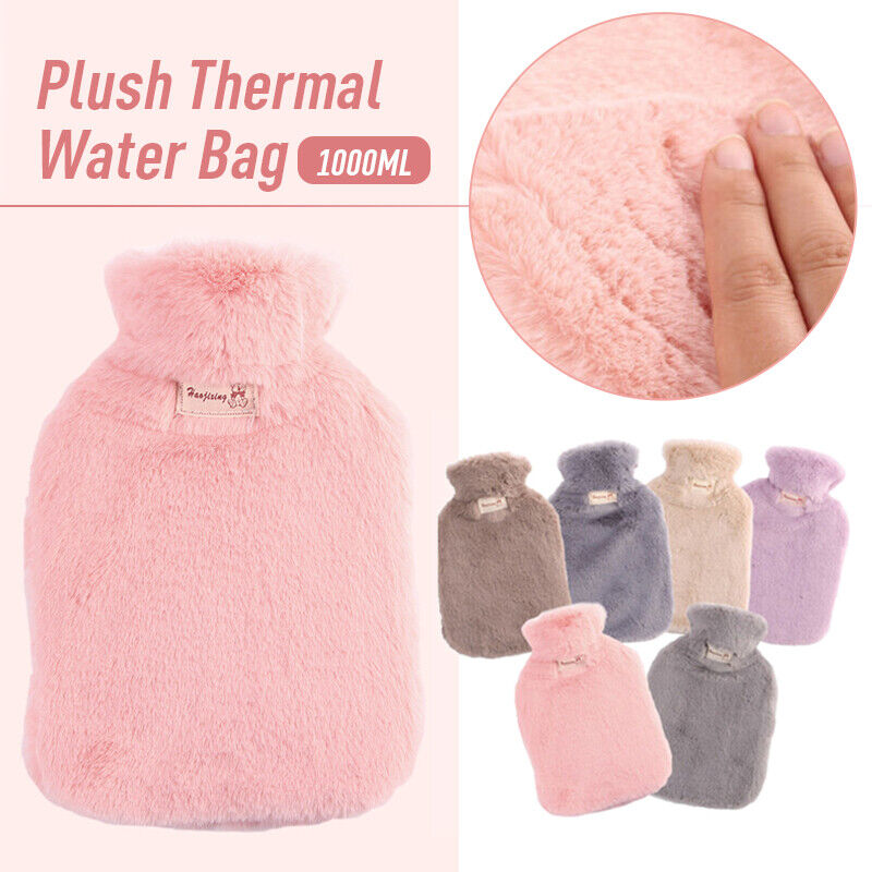 2L Large Hot Water Bottle Bag w/ Soft Warm Plush Cover Furry Hot Water Bag Pouch