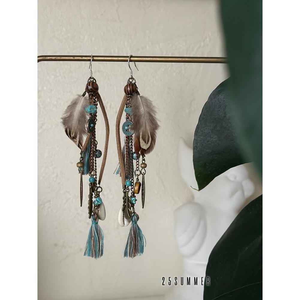Wanderlust Feather Tassel Earrings - Vintage Ethnic Boho Dangle Clips