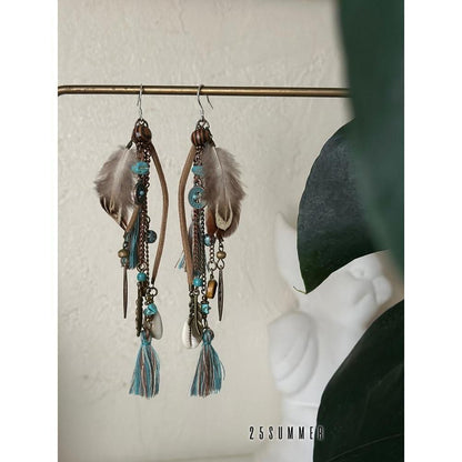 Wanderlust Feather Tassel Earrings - Vintage Ethnic Boho Dangle Clips
