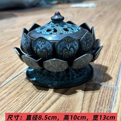 Antique Bronze Lotus Incense Burner Wide Buddhist Censer For Home Tea Ceremony