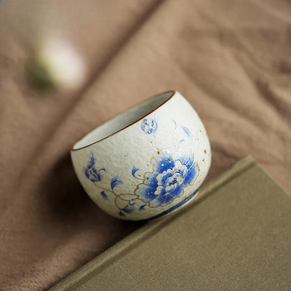 Gold Blue Peony Teacup Handmade Tea Bowl Tea-tasting Personal Cup Master Cups