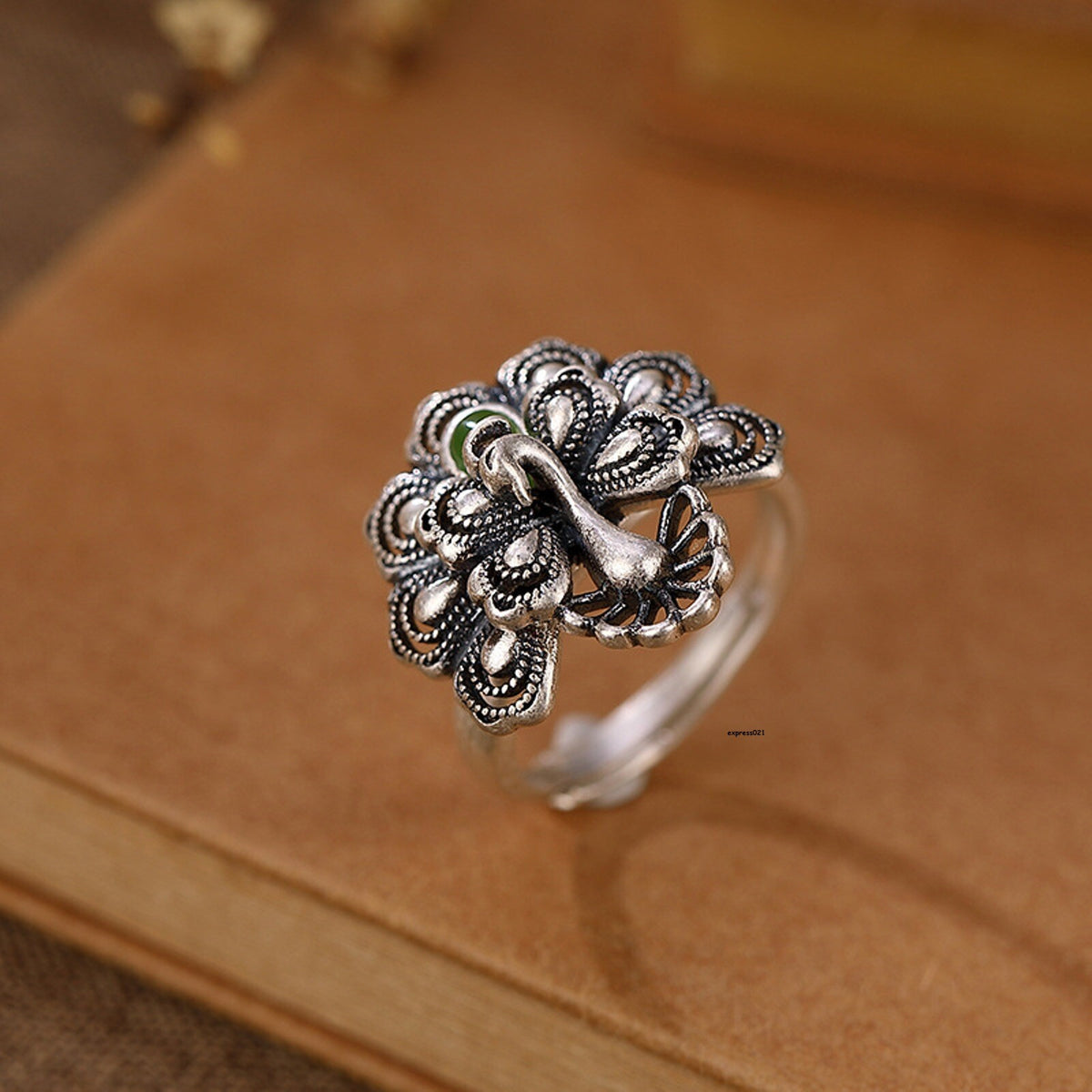 Natural Solid 925 Sterling Silver Jade Jasper Peacock Phoenix Women Lucky Ring