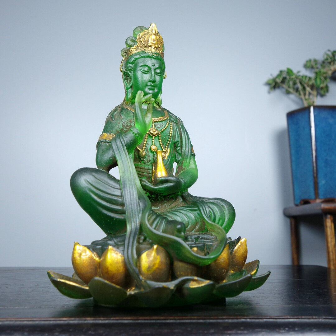 Collect China old coloured glaze gilt Hand made pure bottle lotus Guanyin statue