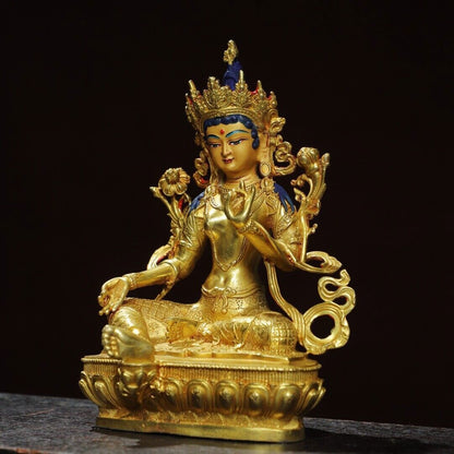 8"China Tibet Tibetan Buddhism temple Bronze gilt Green Tara Bodhisattva statue