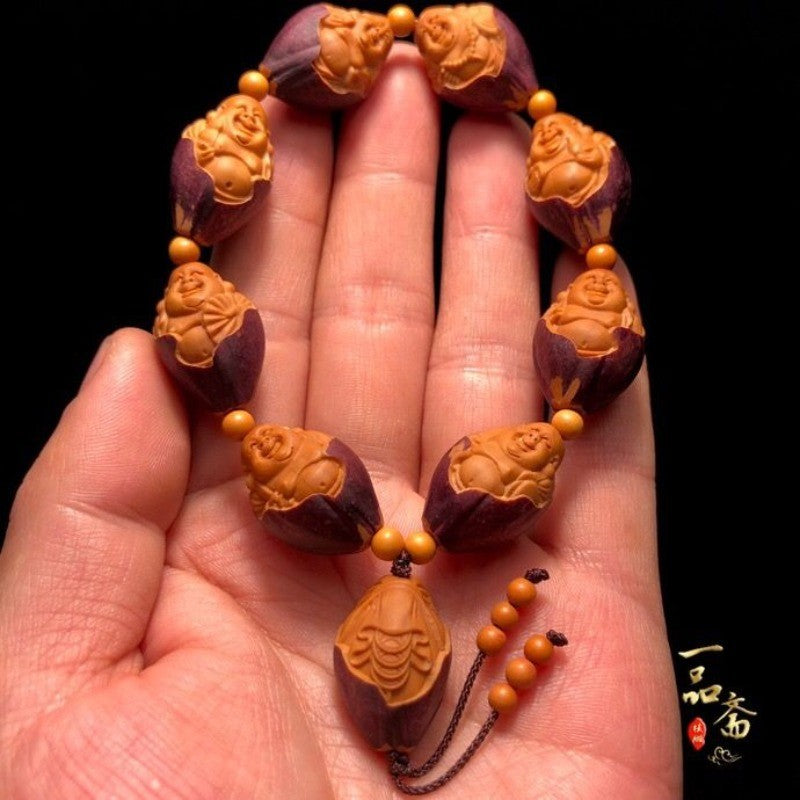 Natural Purple Skin Olive Nut Carved Maitreya Buddha Bracelet Wenwan