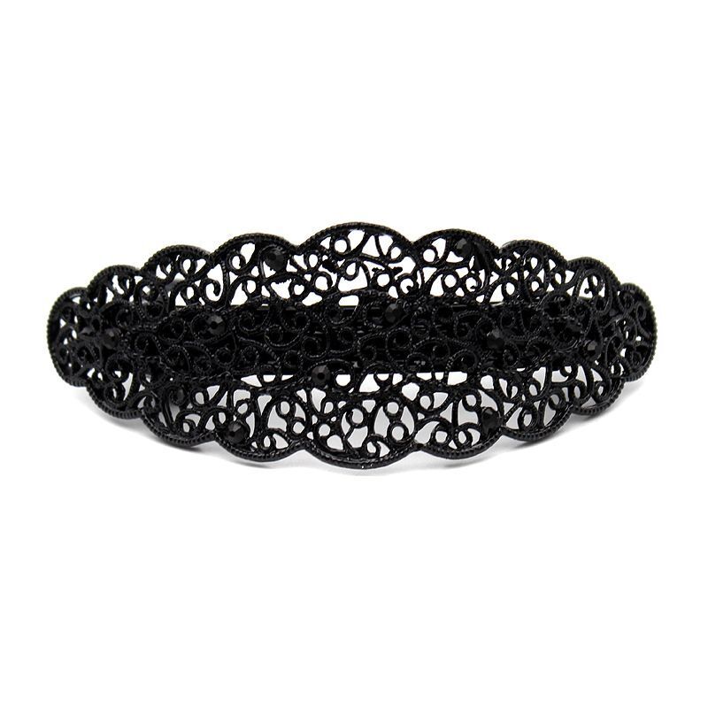 Women Hair Clips Metal Antique Black Silver Rhinestones Hairwear Barrette 10x4cm