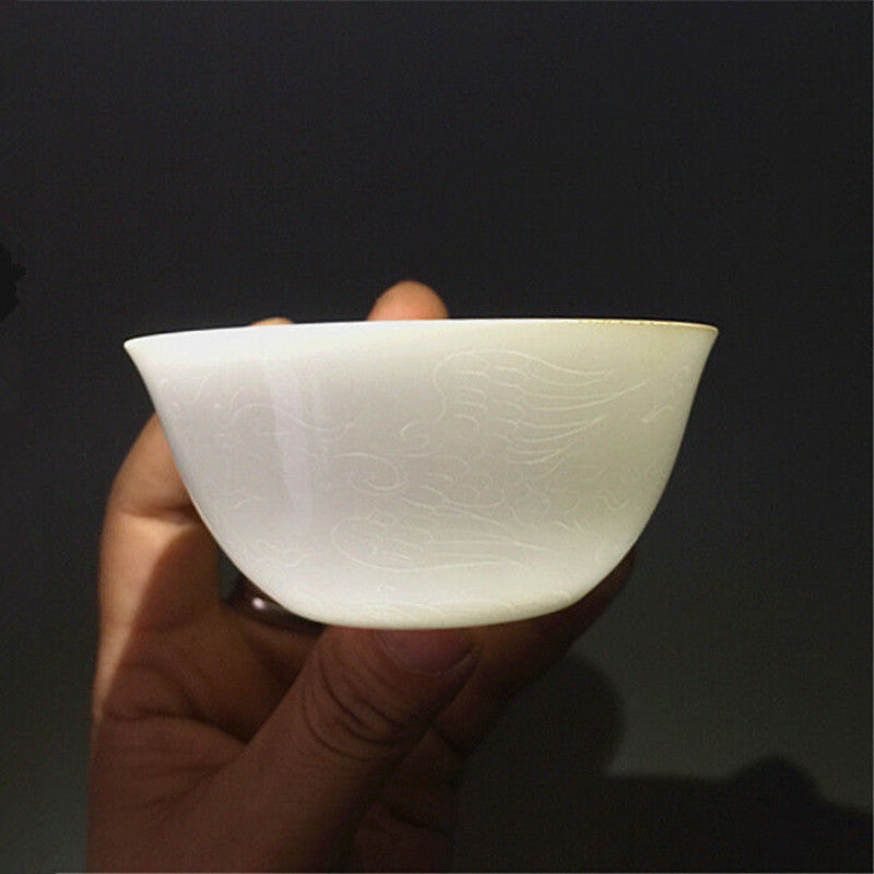 3.2" Chinese Thin White Porcelain Ming Chenghua Carved Phoenix Design Teacup Cup