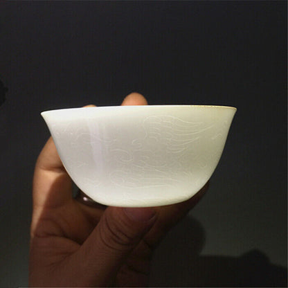 3.2" Chinese Thin White Porcelain Ming Chenghua Carved Phoenix Design Teacup Cup